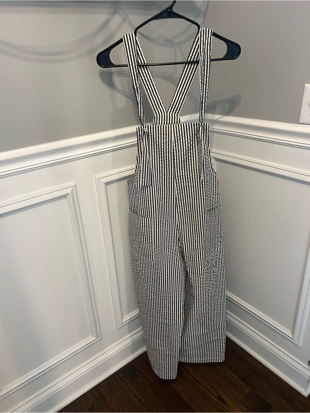 Striped Black & White Suspender Wide-Leg Jumpsuit